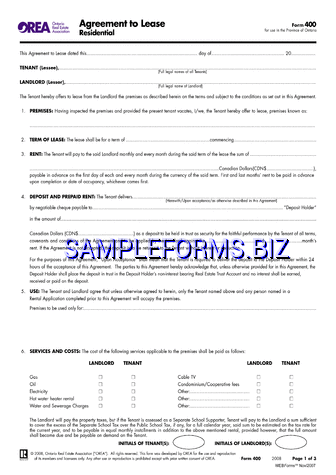 Ontario Agreement to Lease Residential Form pdf free